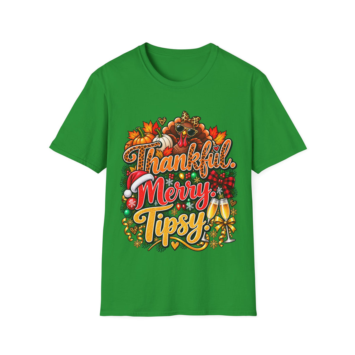 Thankful Merry Tipsy T-Shirt – Funny Thanksgiving Christmas Holiday Tee