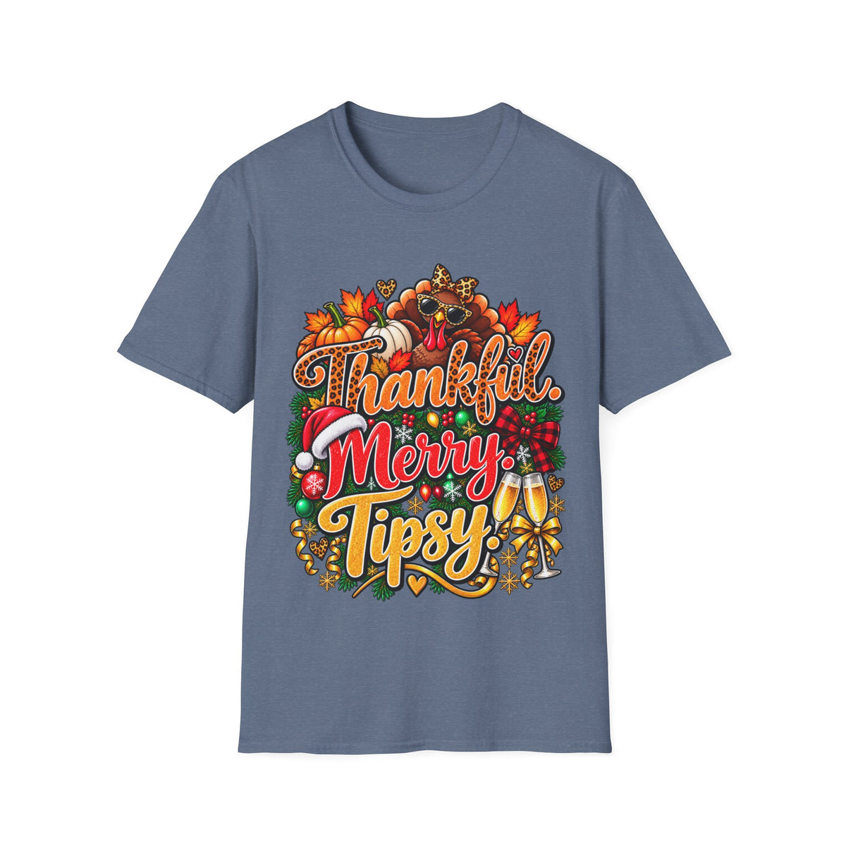 Thankful Merry Tipsy T-Shirt – Funny Thanksgiving Christmas Holiday Tee