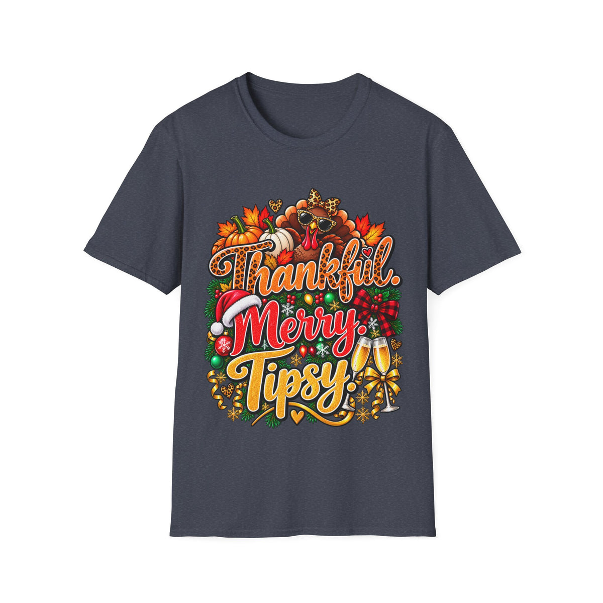 Thankful Merry Tipsy T-Shirt – Funny Thanksgiving Christmas Holiday Tee