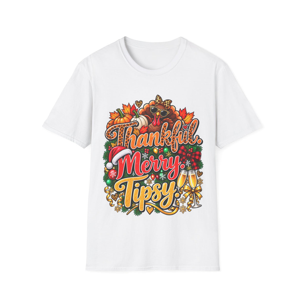 Thankful Merry Tipsy T-Shirt – Funny Thanksgiving Christmas Holiday Tee
