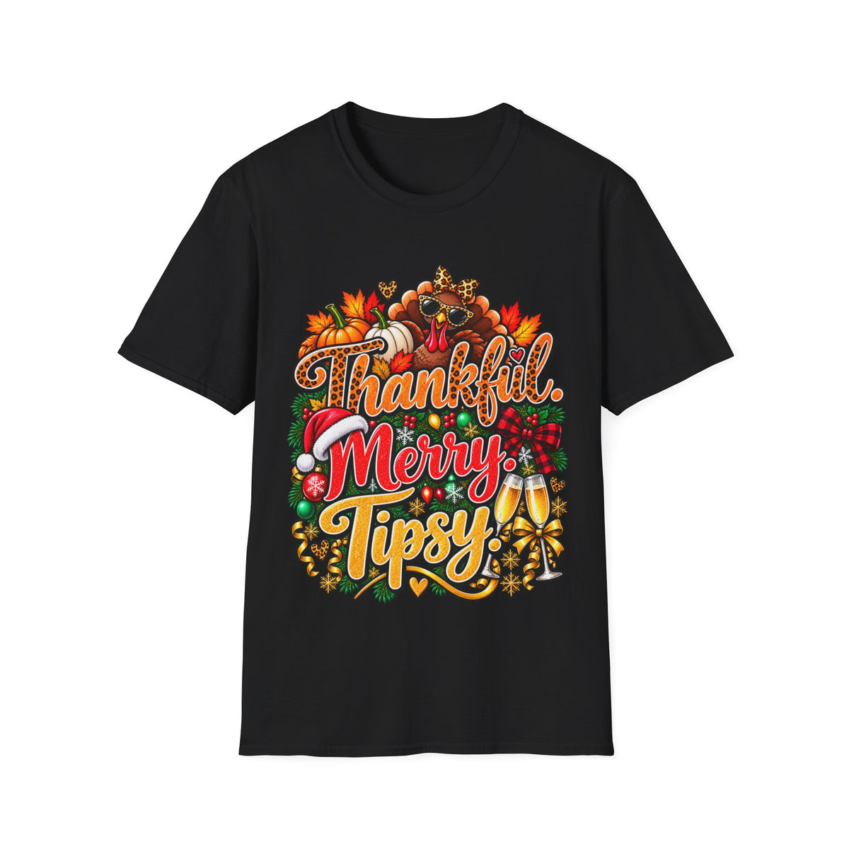 Thankful Merry Tipsy T-Shirt – Funny Thanksgiving Christmas Holiday Tee