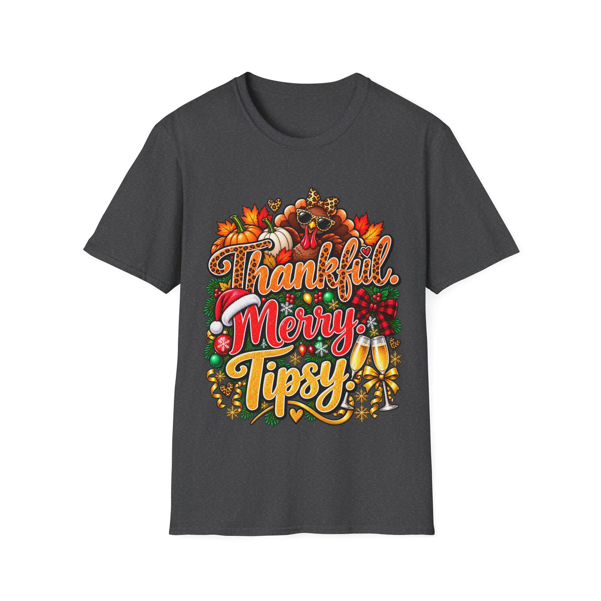 Thankful Merry Tipsy T-Shirt – Funny Thanksgiving Christmas Holiday Tee