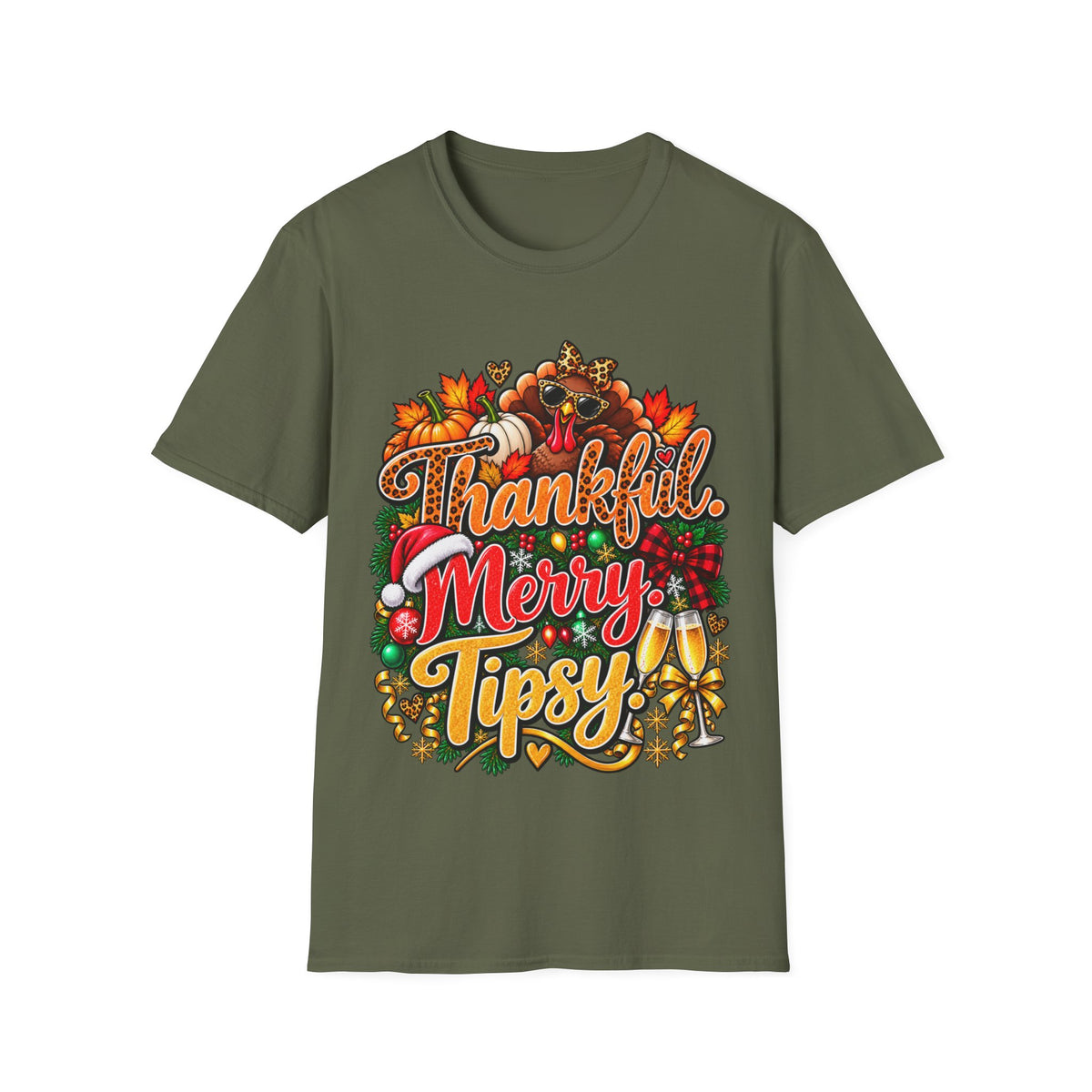 Thankful Merry Tipsy T-Shirt – Funny Thanksgiving Christmas Holiday Tee