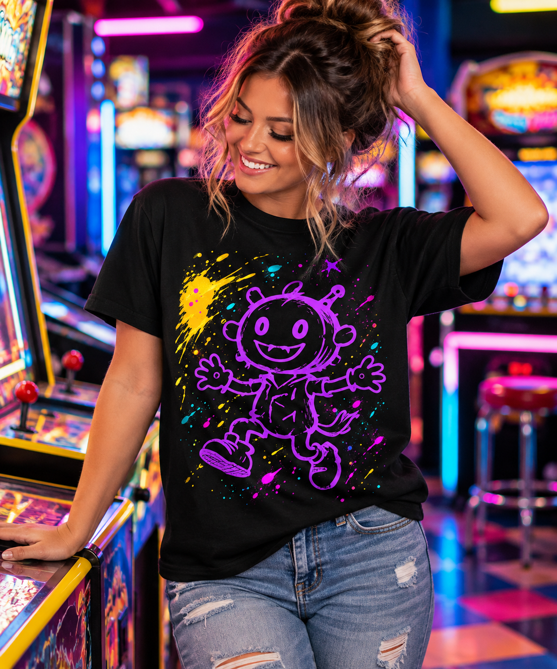 Purple Pixel Creature Paint Splash Graphic Tshirt