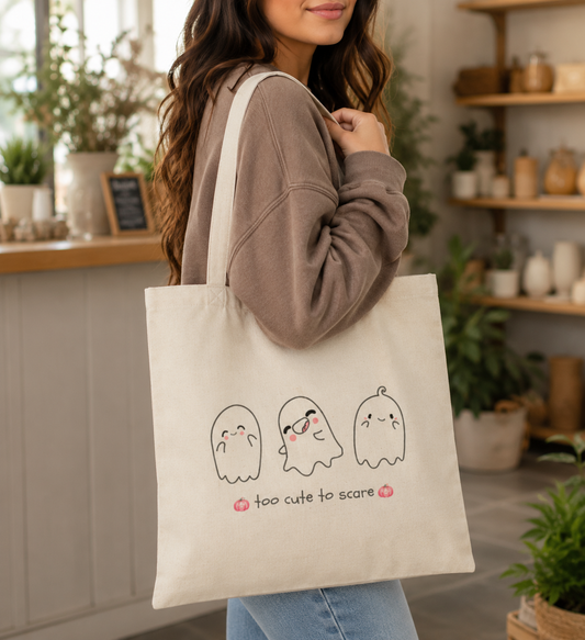 Ghosts and Pumpkins 'Too Cute to Scare' Canvas Tote Bag